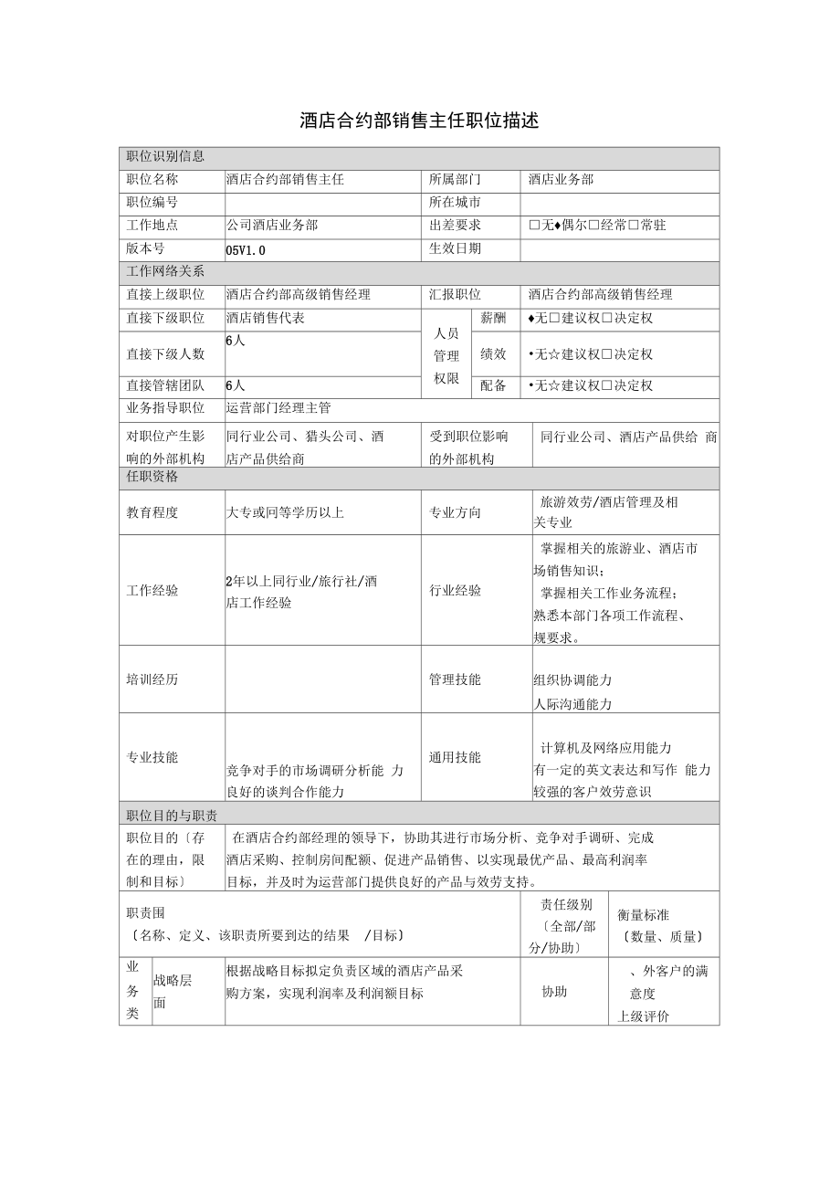 酒店合约部销售主任岗位说明书.docx_第1页