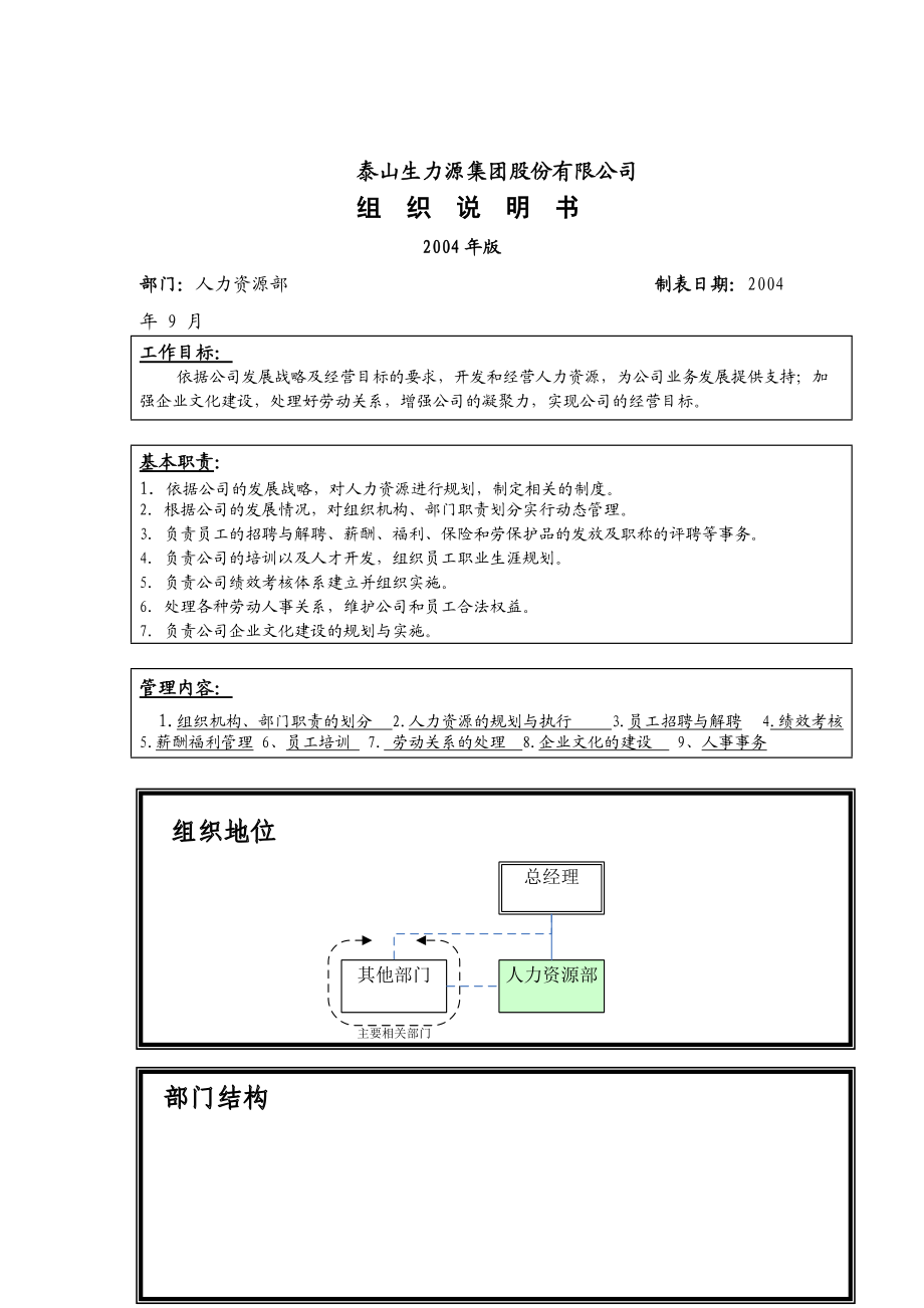 泰山生力源集团股份有限公司人力资源部组织说明书.docx_第1页