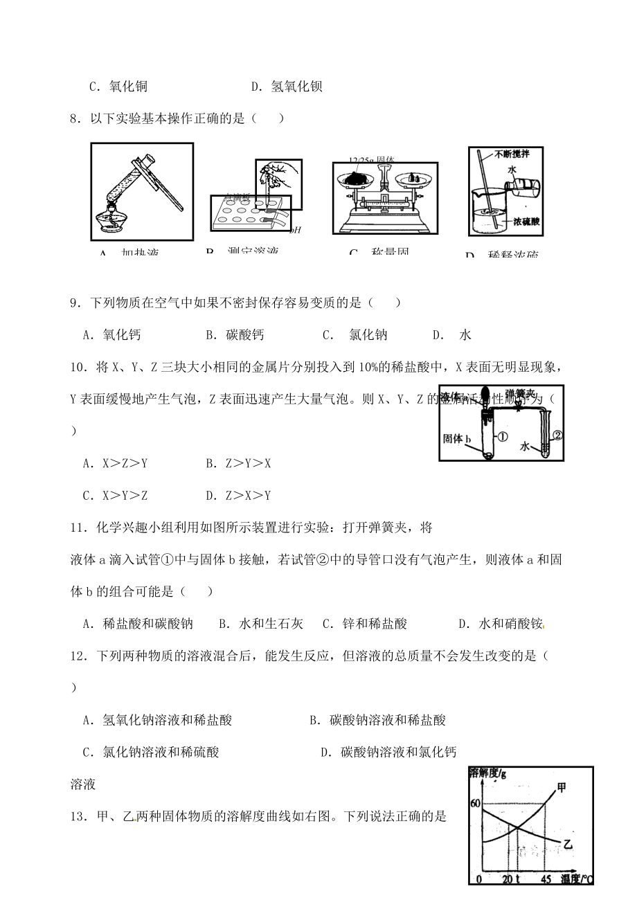 九年级化学下学期综合练习题(一)(无答案) 湘教版 试题.doc_第2页