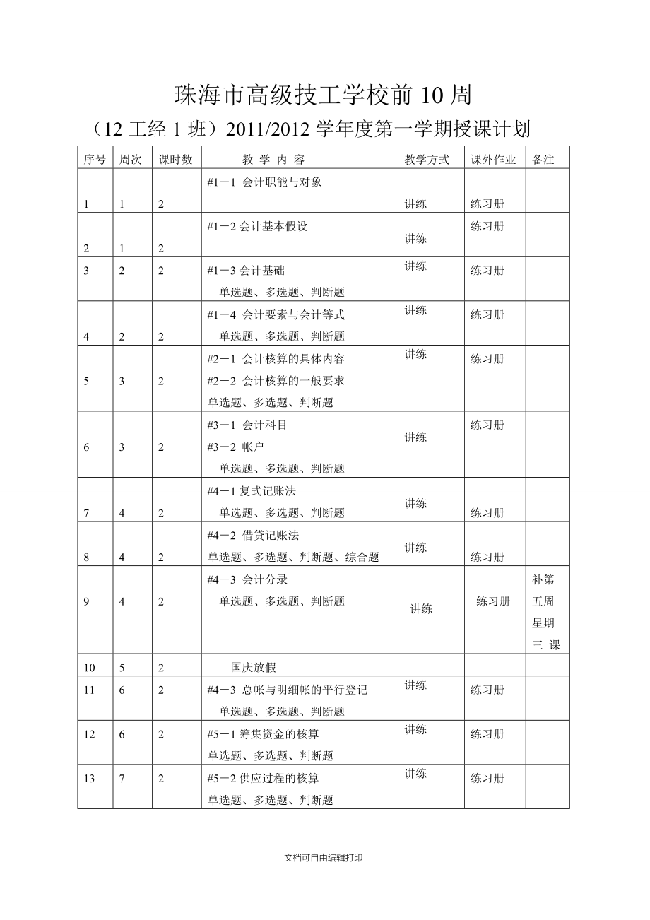 会计基础授课计划.doc_第1页