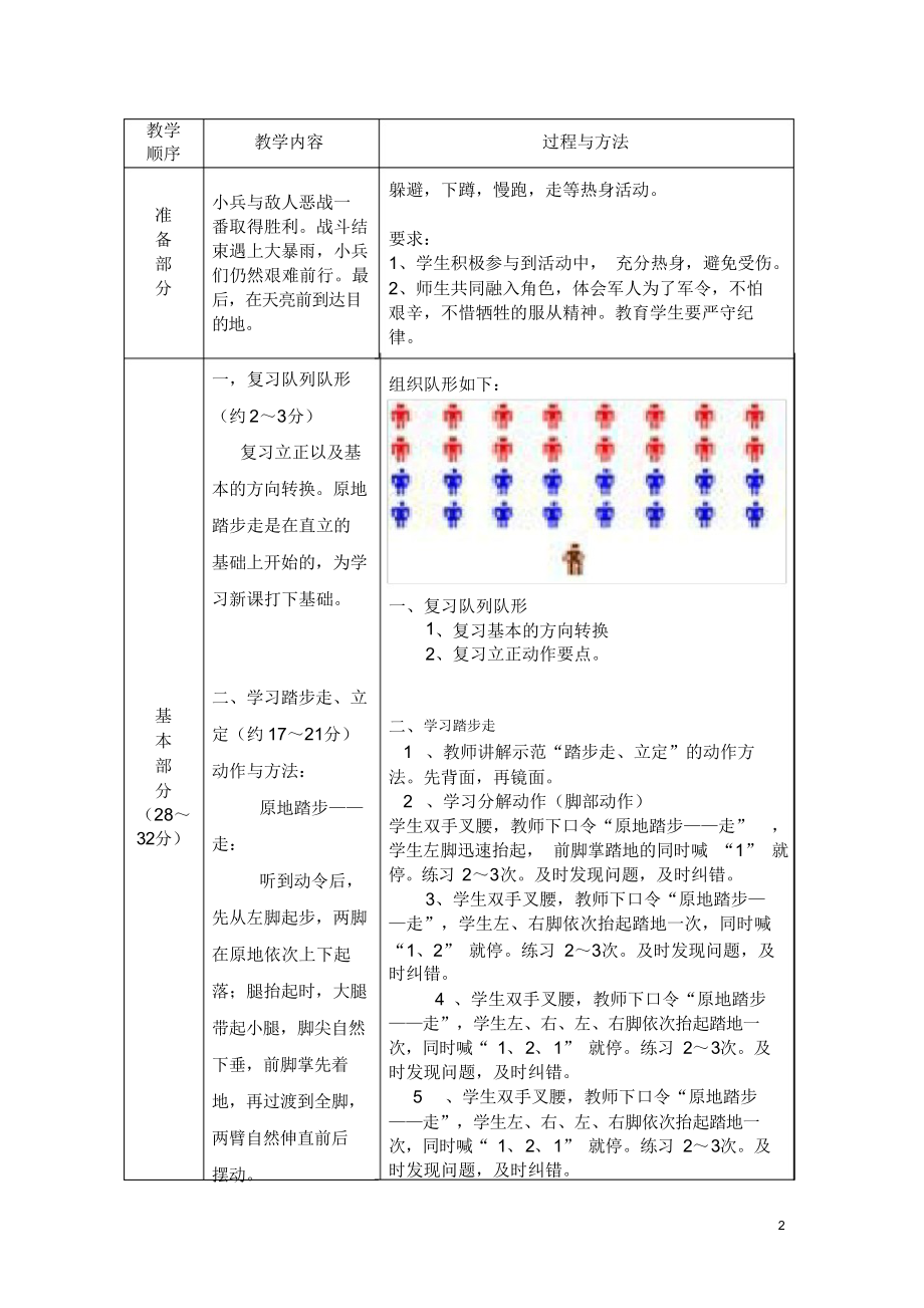 人教版小学《体育与健康》一年级上册(水平一)《踏步走、立定》教案.docx_第2页