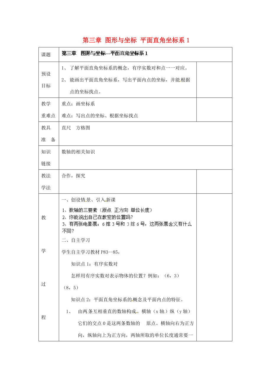 八年级数学下册 第三章 图形与坐标 平面直角坐标系教案1 (新版)湘教版 教案.doc_第1页