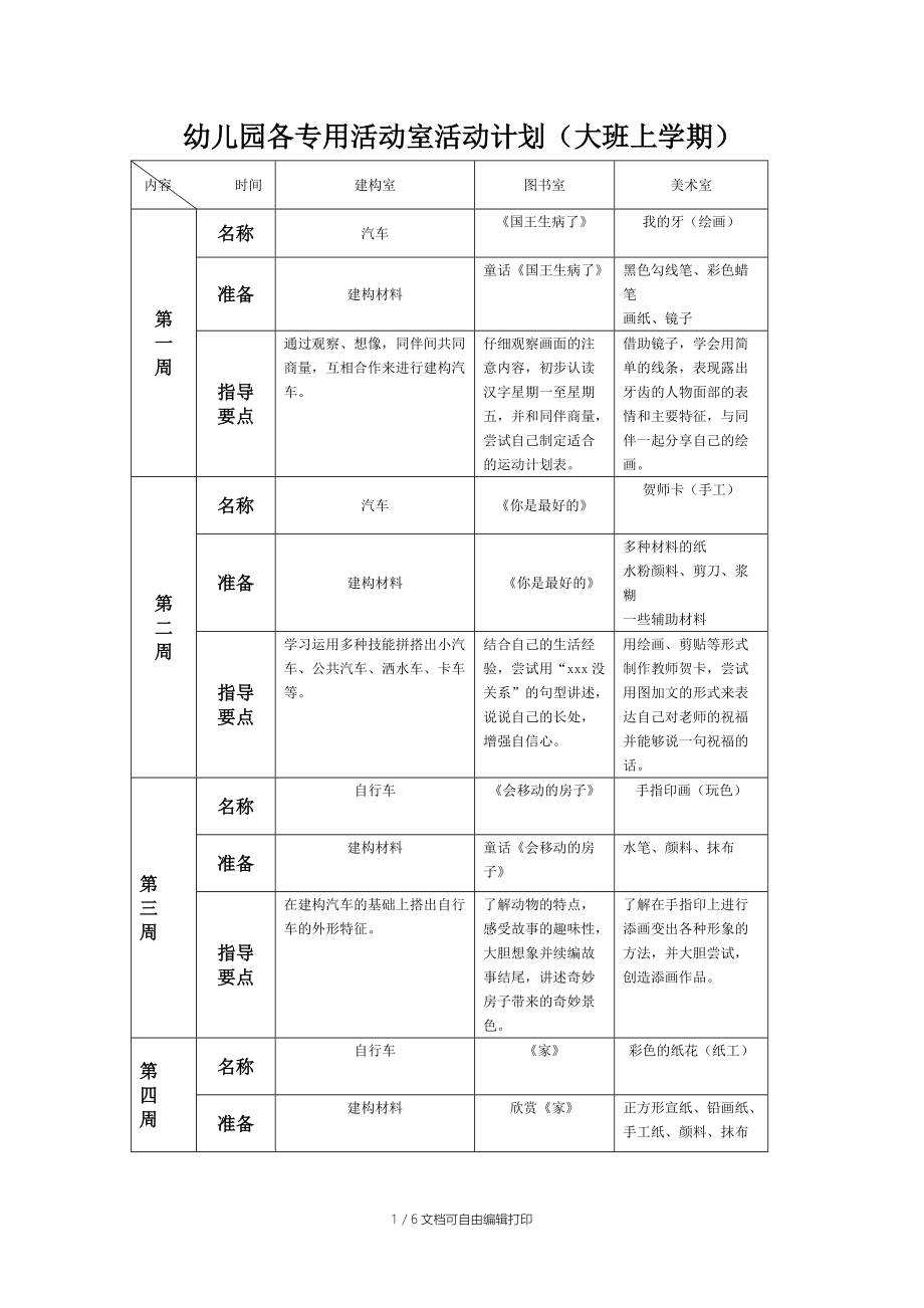 大班各专用活动室活动计划(上学期).doc_第1页