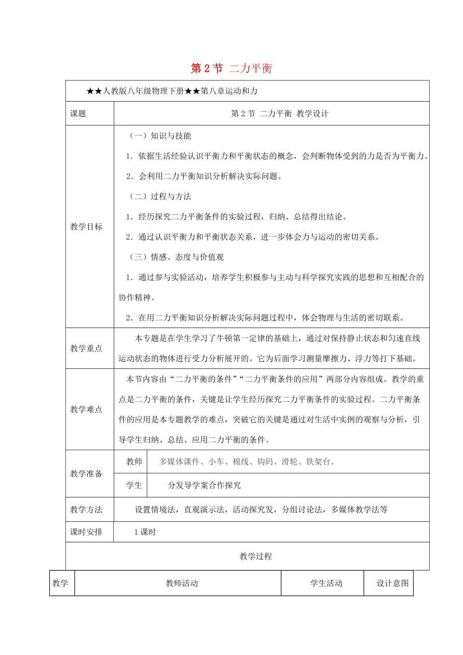 八年级物理下册 8.2 二力平衡教学设计 (新版)新人教版 教案.docx_第1页