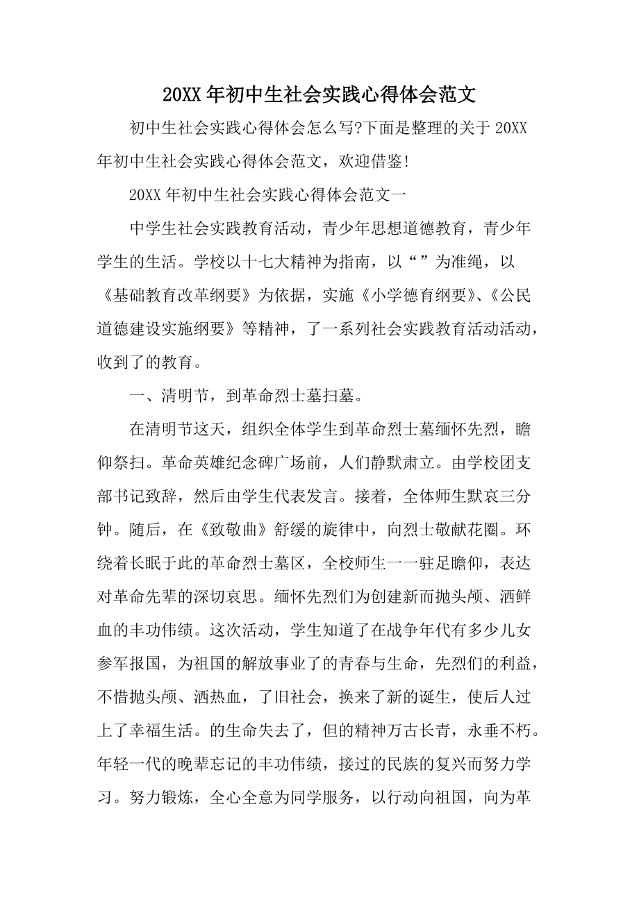 20XX年初中生社会实践心得体会范文.docx_第1页