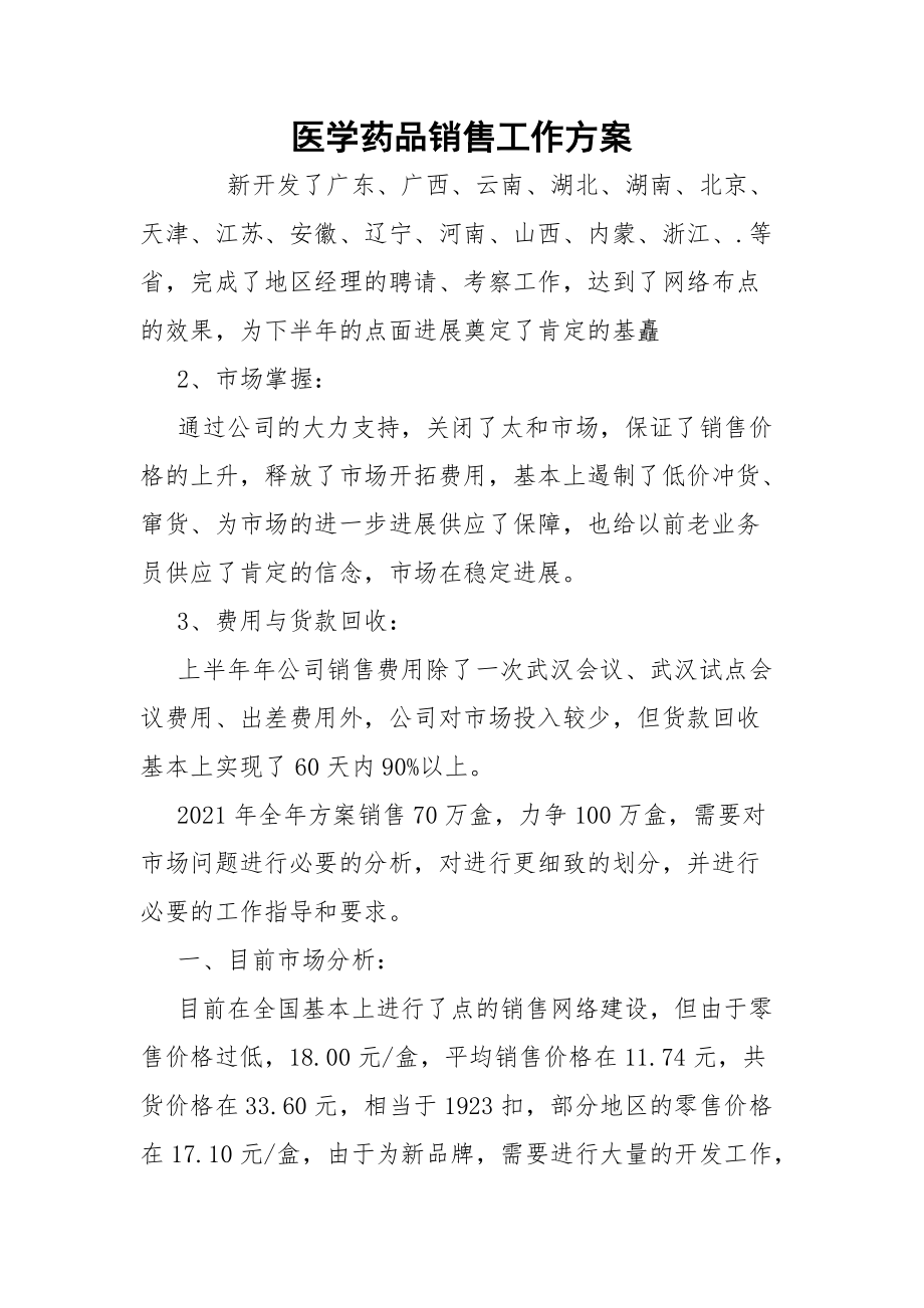 医学药品销售工作方案.docx_第1页