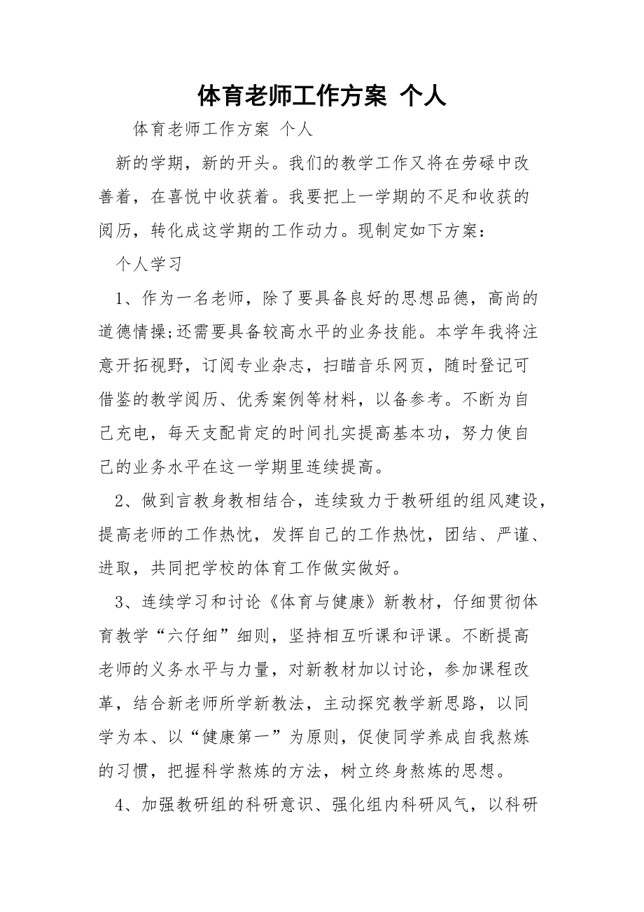 体育老师工作方案 个人.docx_第1页