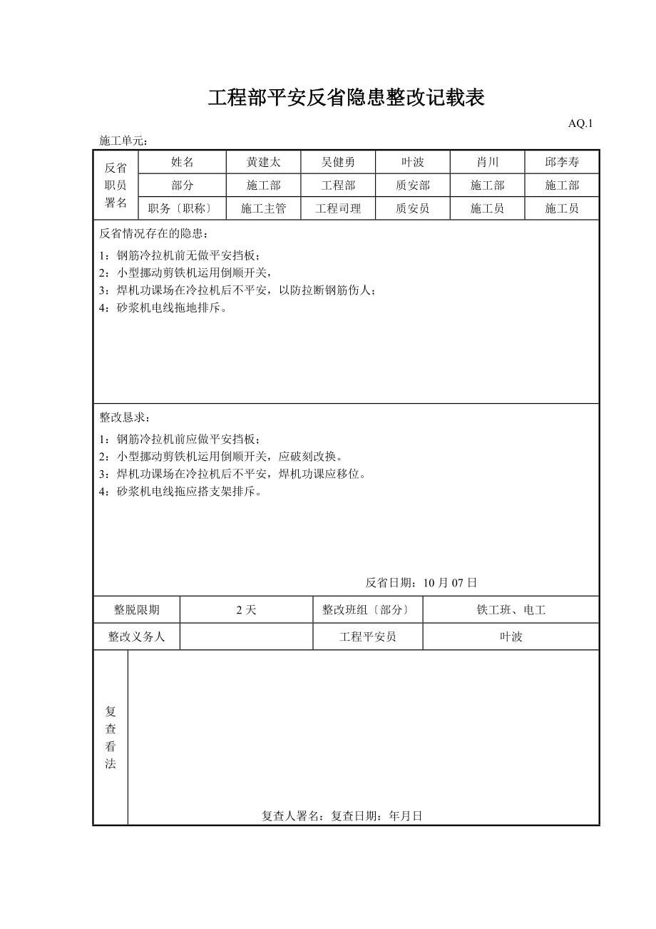 建筑行业项目部安全检查隐患整改记录表.doc_第1页