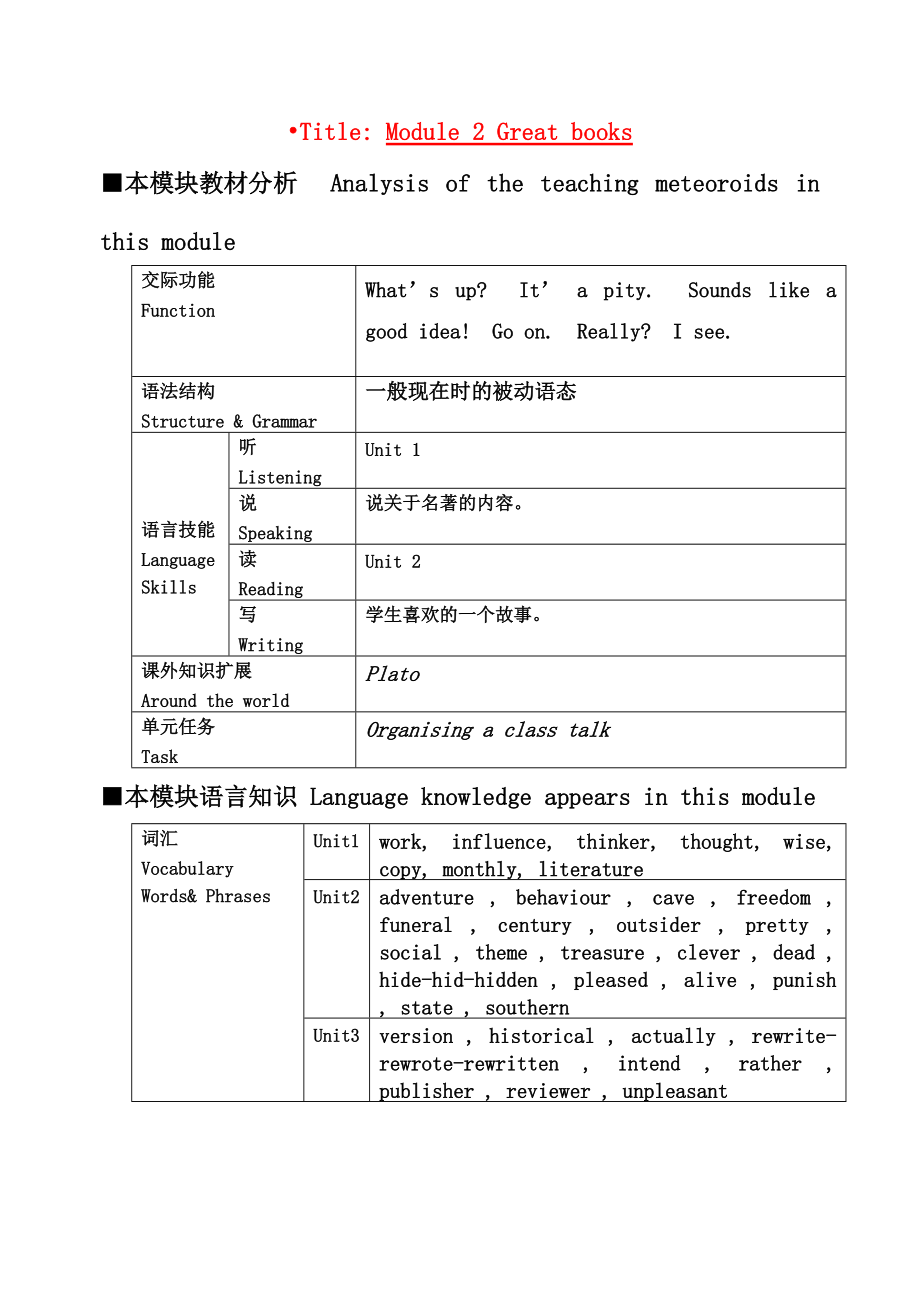 九级英语上册 Module 2 Great books 教学设计 外研版.doc_第1页