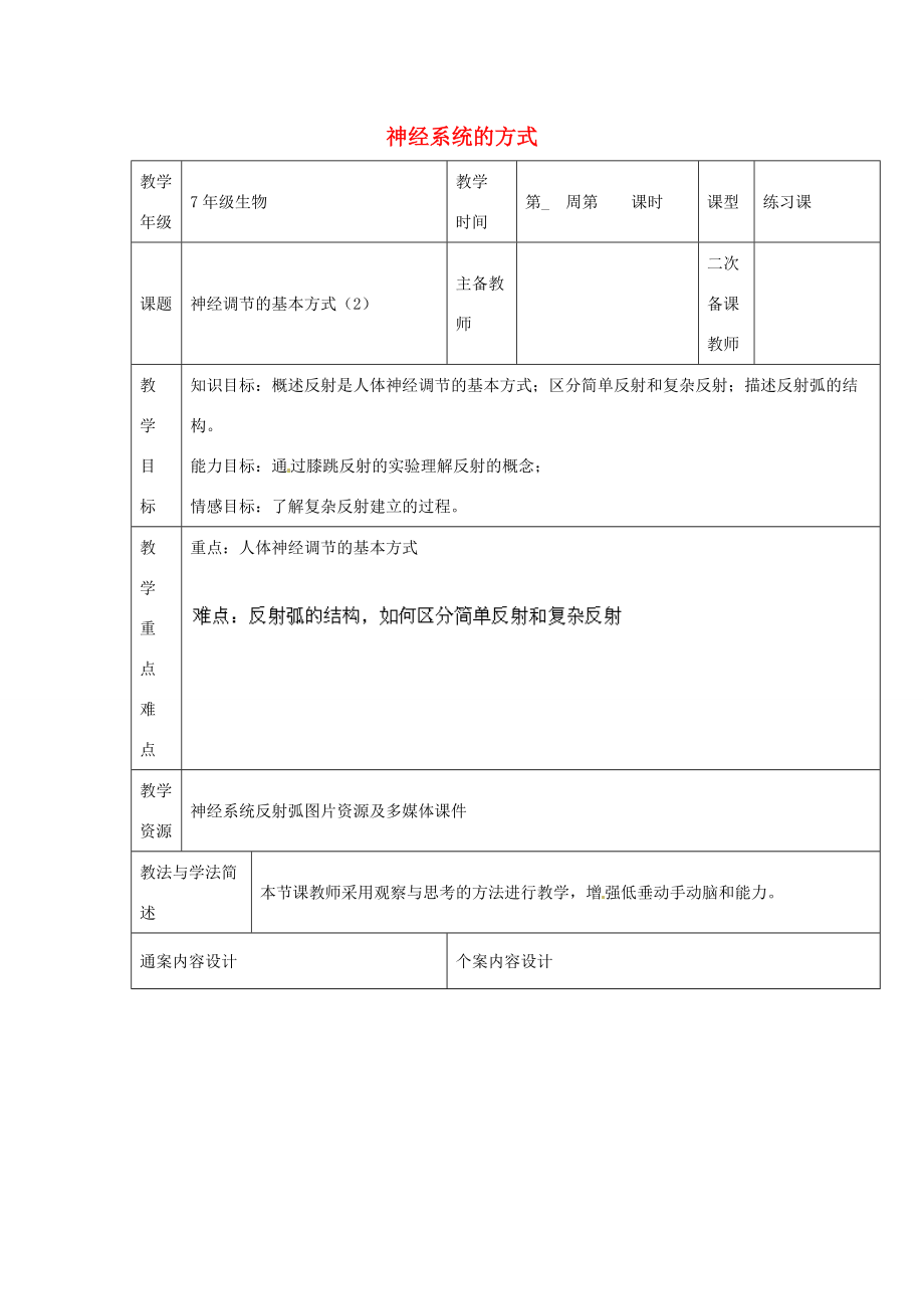 中学七年级生物下册 神经系统的基本方式教案.doc_第1页