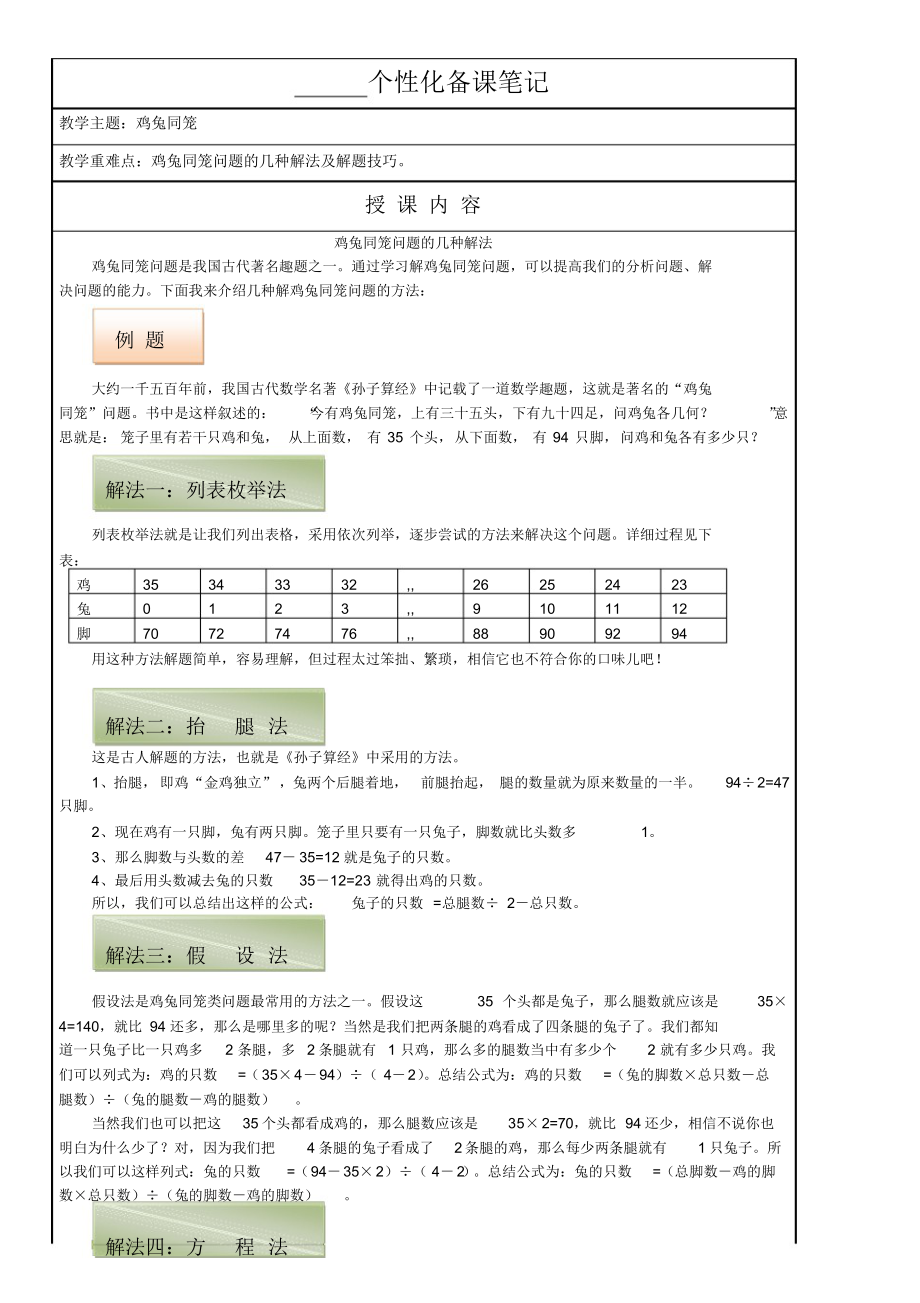 鸡兔同笼备课笔记.docx_第1页