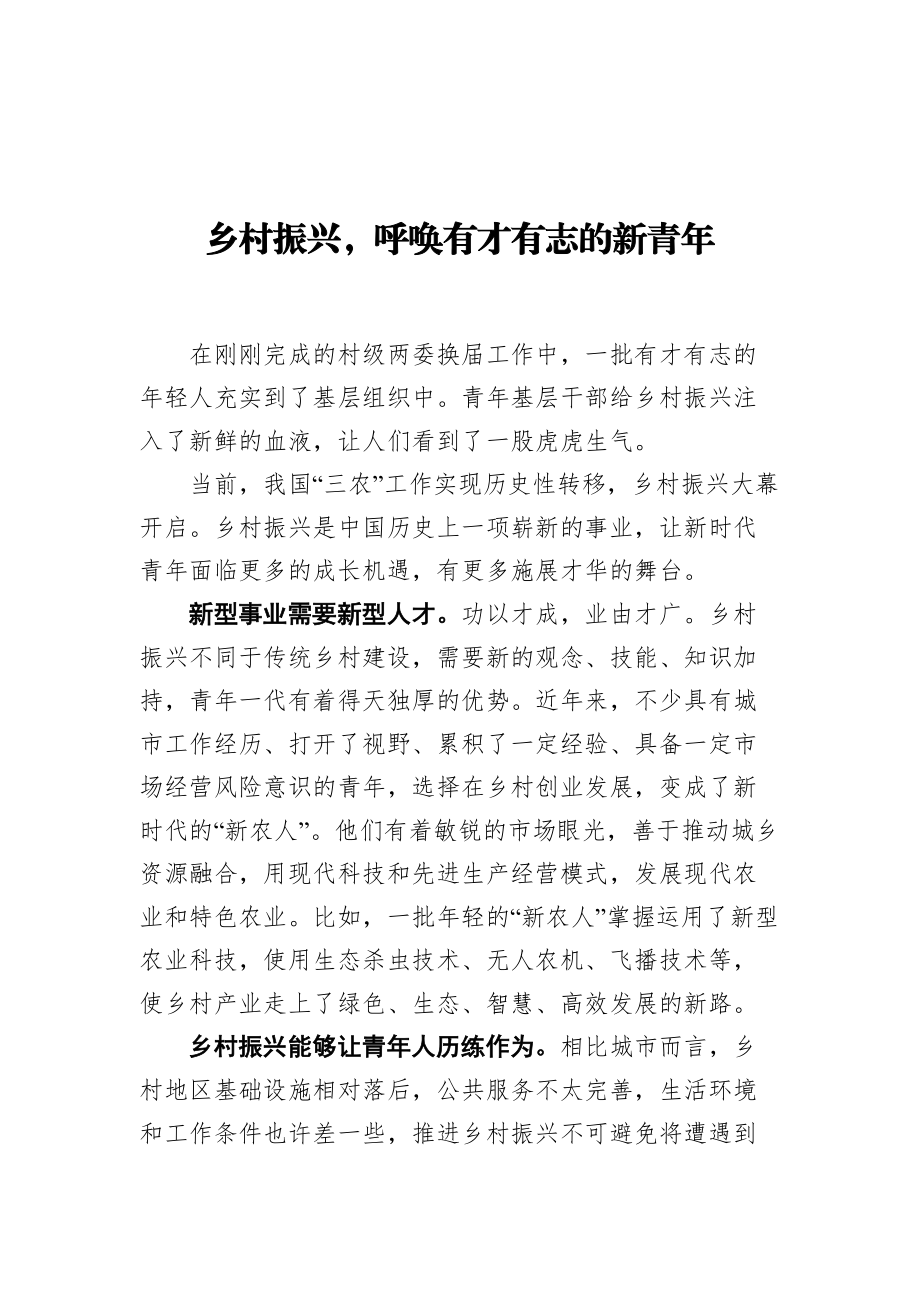 乡村振兴呼唤有才有志的新青年.docx_第1页