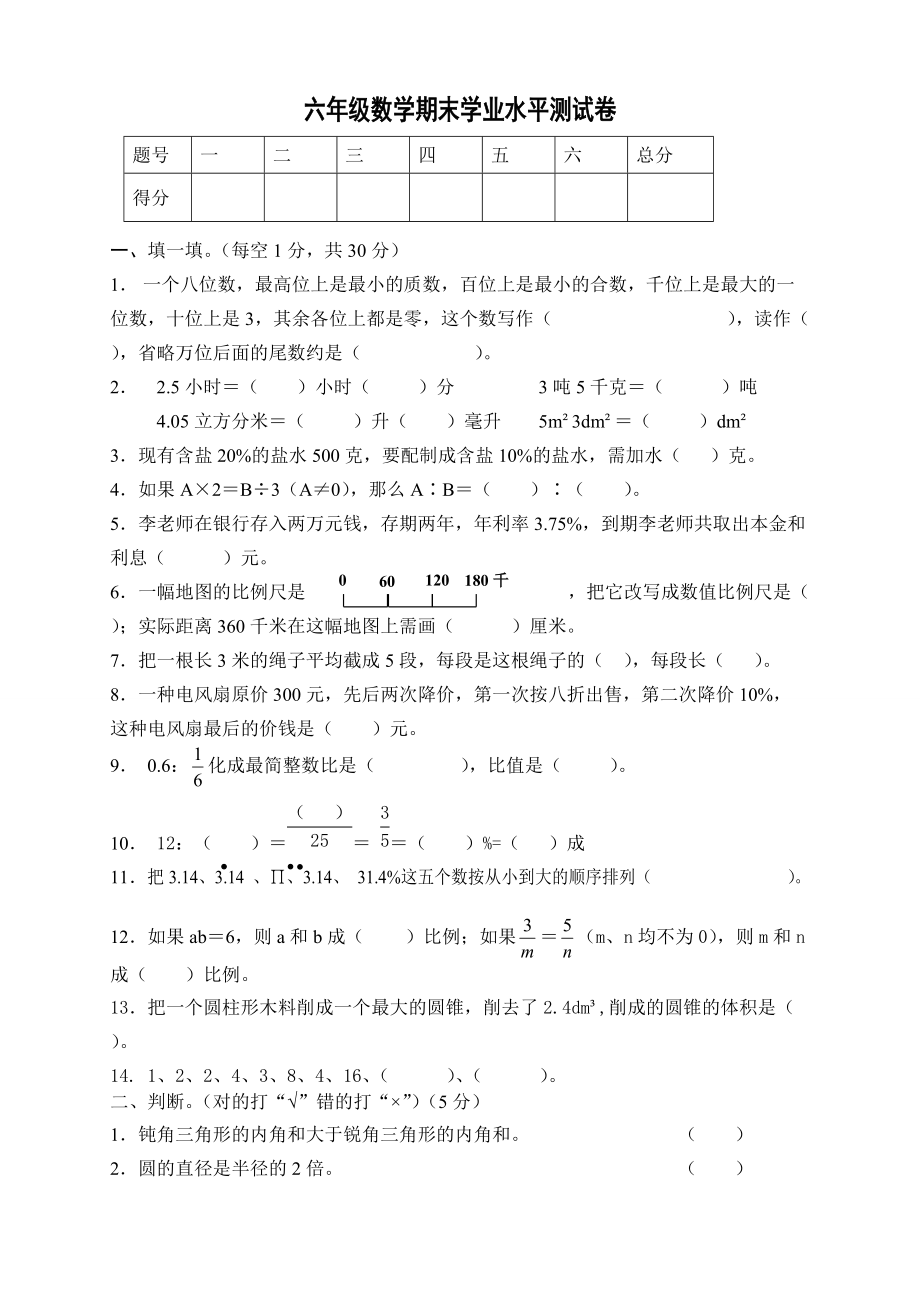 人教版小学六年级数学下册期末试卷(10).doc_第1页