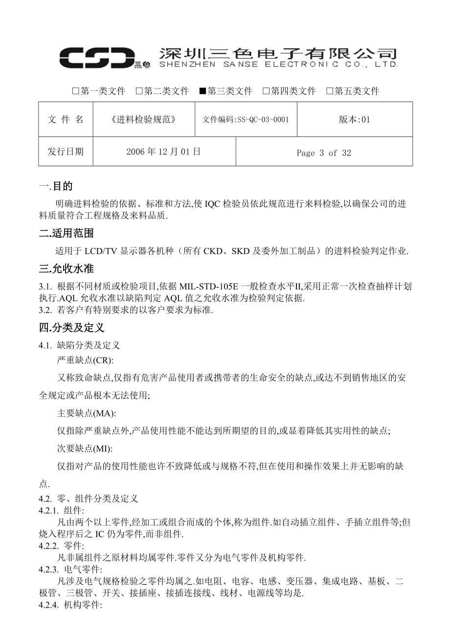 0001深圳电子有限公司进料检验规范.docx_第3页