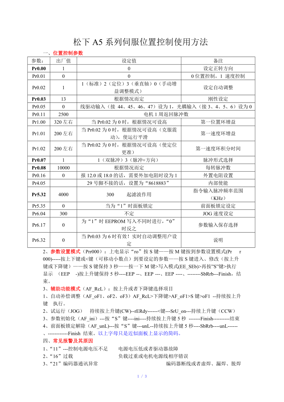 松下A5系列伺服位置控制使用方法参考模板.doc_第1页