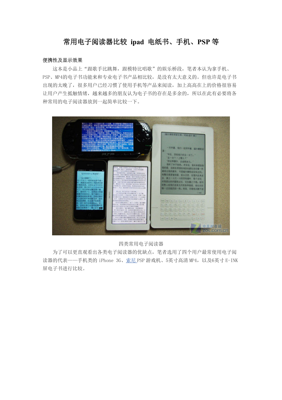 常用电子阅读器比较 ipad 电纸书、手机、PSP等.docx_第1页