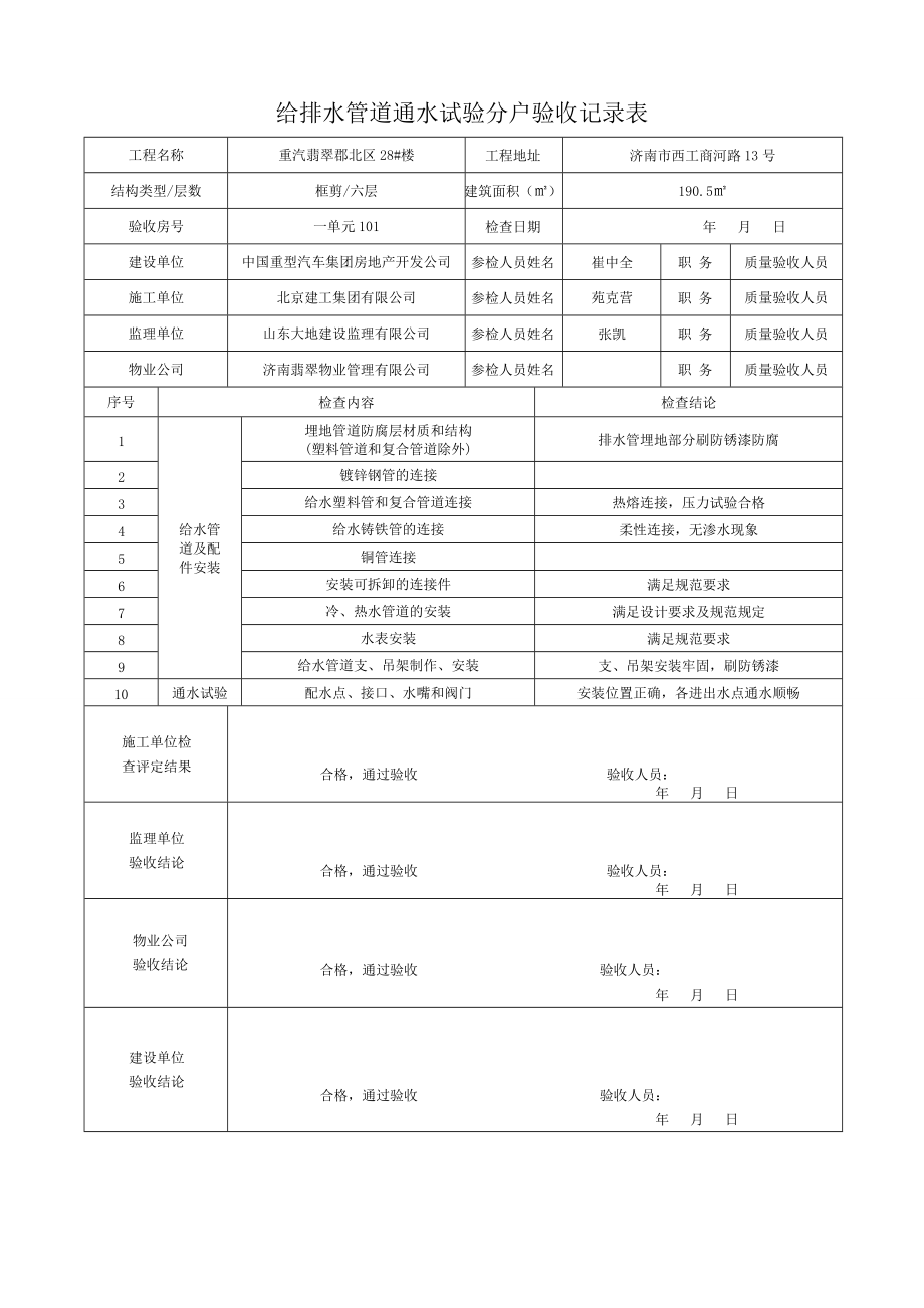 给排水管道通水试验分户验收记录表已做.docx_第1页