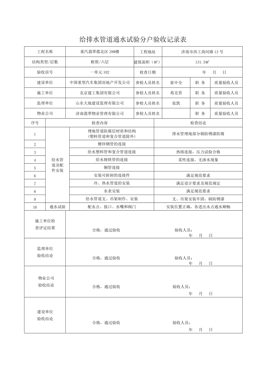 给排水管道通水试验分户验收记录表已做.docx_第2页